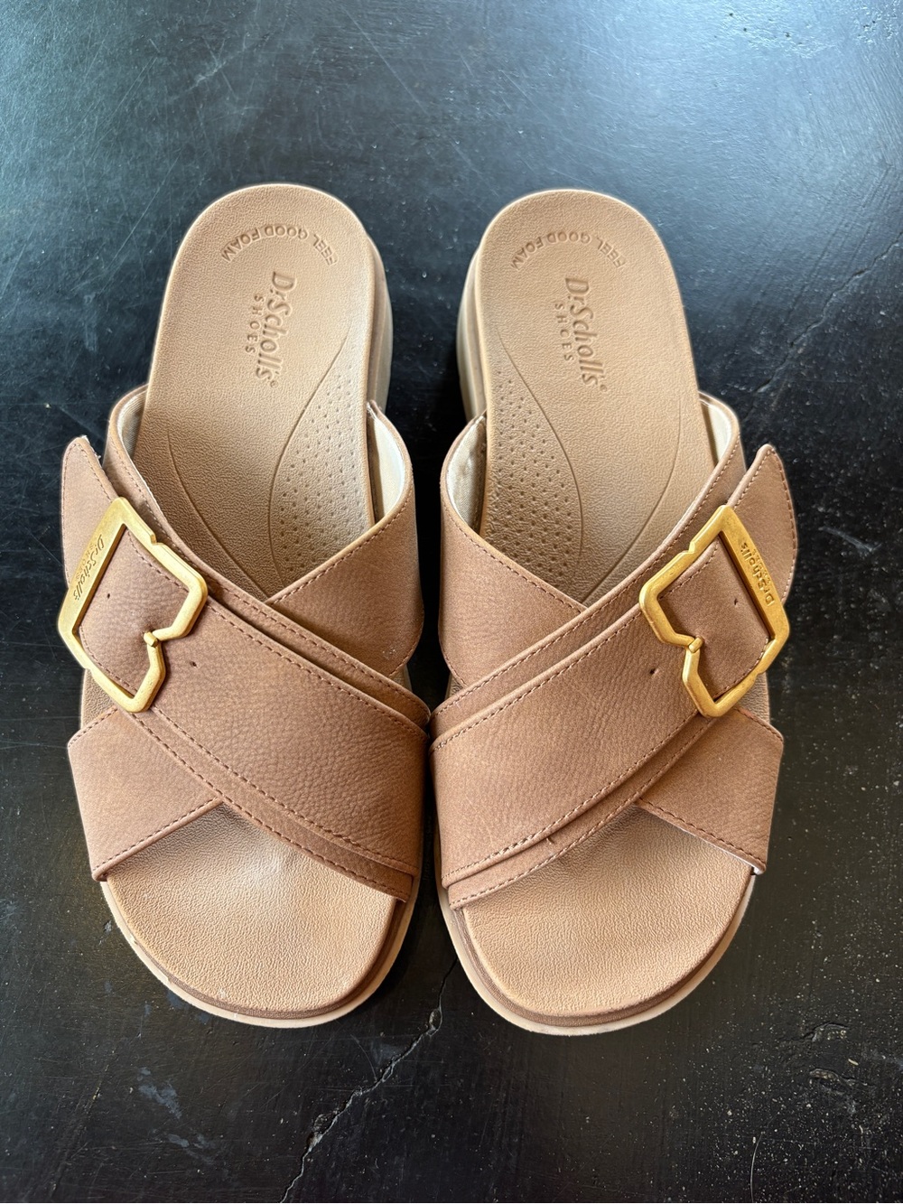 Dr. Scholl's Tan Crisscross Slide Sandals with Gold Buckles